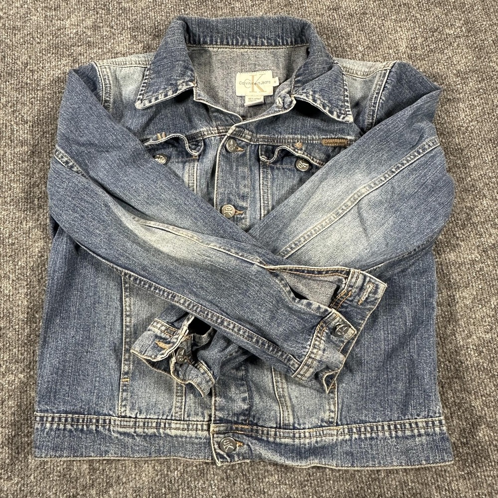 Calvin Klein Jeans Jacket Mens Medium Blue Denim Button Front Trucker Casual